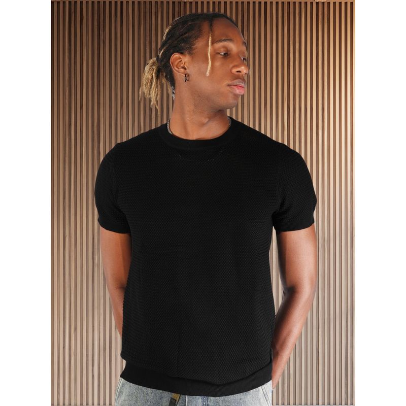 BOTABOCHI Black Mens Mesh Crochet Half Sleeve T-Shirt (XL)