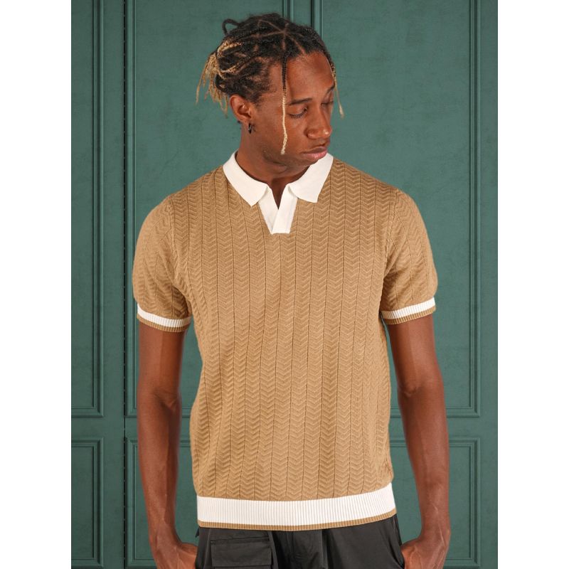 BOTABOCHI Brown Mens Contrast Collar Knit Half Sleeve Polo T-Shirt (XL)