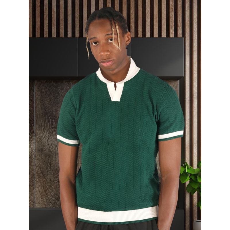 BOTABOCHI Green Contrast Collar Mens Knit Half Sleeve Polo T-Shirt (2XL)