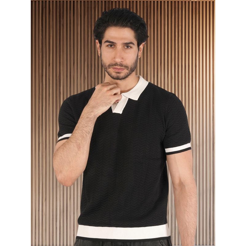 BOTABOCHI Black Contrast Collar Half Sleeve Knit Polo T-Shirt for Men (2XL)