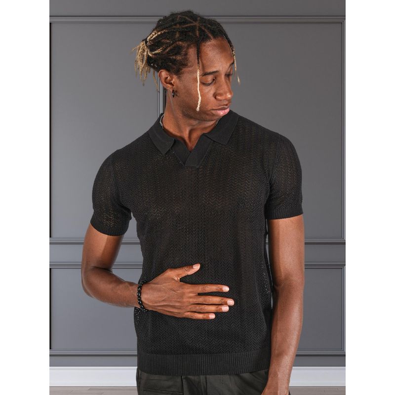 BOTABOCHI Black Mens Bb Original Half Sleeve Crochet Polo T-Shirt (L)