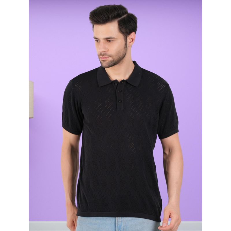 BOTABOCHI Black Mens Diamond Crochet Half Sleeve Polo T-Shirt (M)