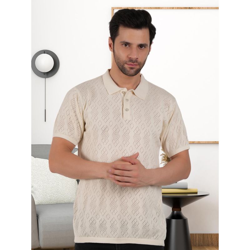BOTABOCHI Off White Mens Half Sleeve Diamond Crochet Pattern Polo T-Shirt (M)