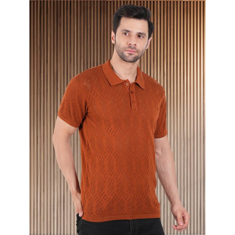 BOTABOCHI Rust Mens Crochet Polo T-Shirt with Half Sleeves and Diamond Pattern (M)