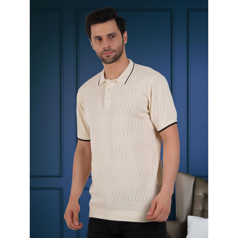 BOTABOCHI Off White Mens Trendy Self Design Half Sleeve Polo T-Shirt (M)