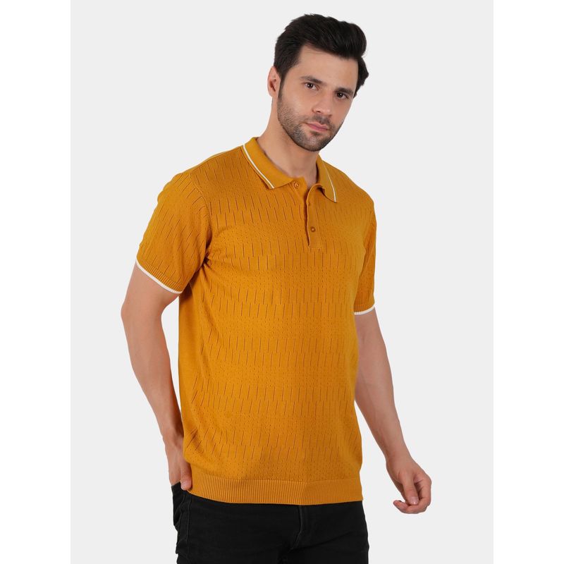 BOTABOCHI Mustard Mens Half Sleeve Self Design Polo T-Shirt (L)