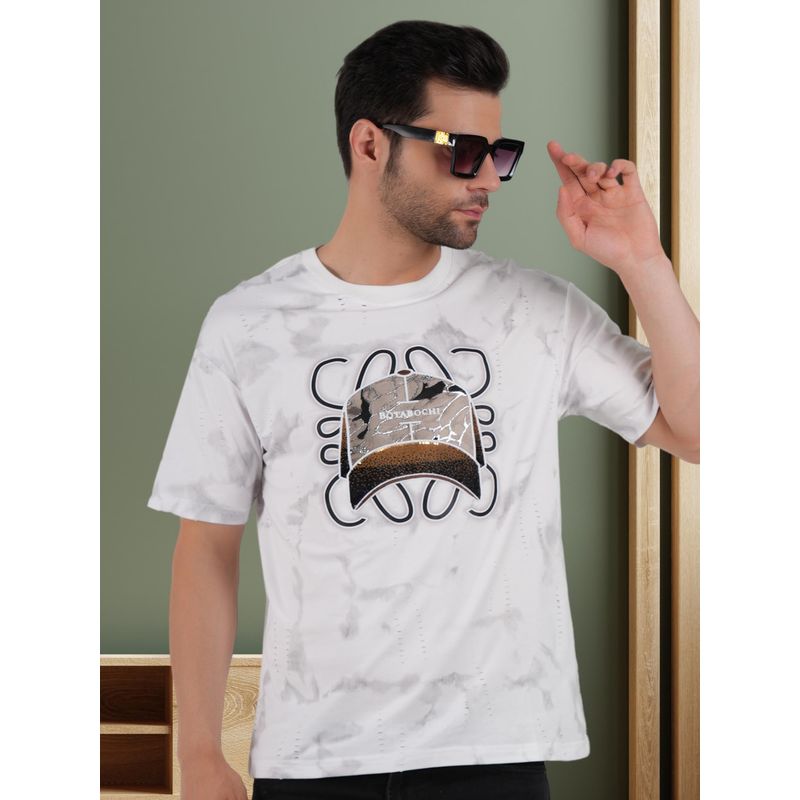 BOTABOCHI White Mens Faded Rugged Half Sleeve T-Shirt (M)