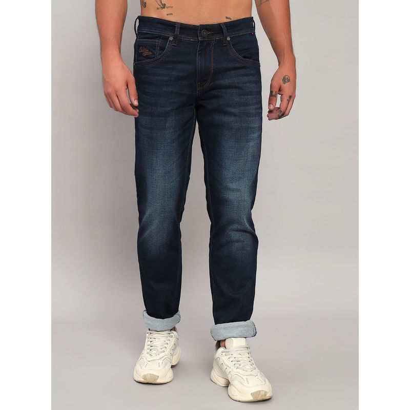 Cantabil Men Solid Blue Flat Front Mid Rise Full Length Narrow Fit Casual Jeans (30)