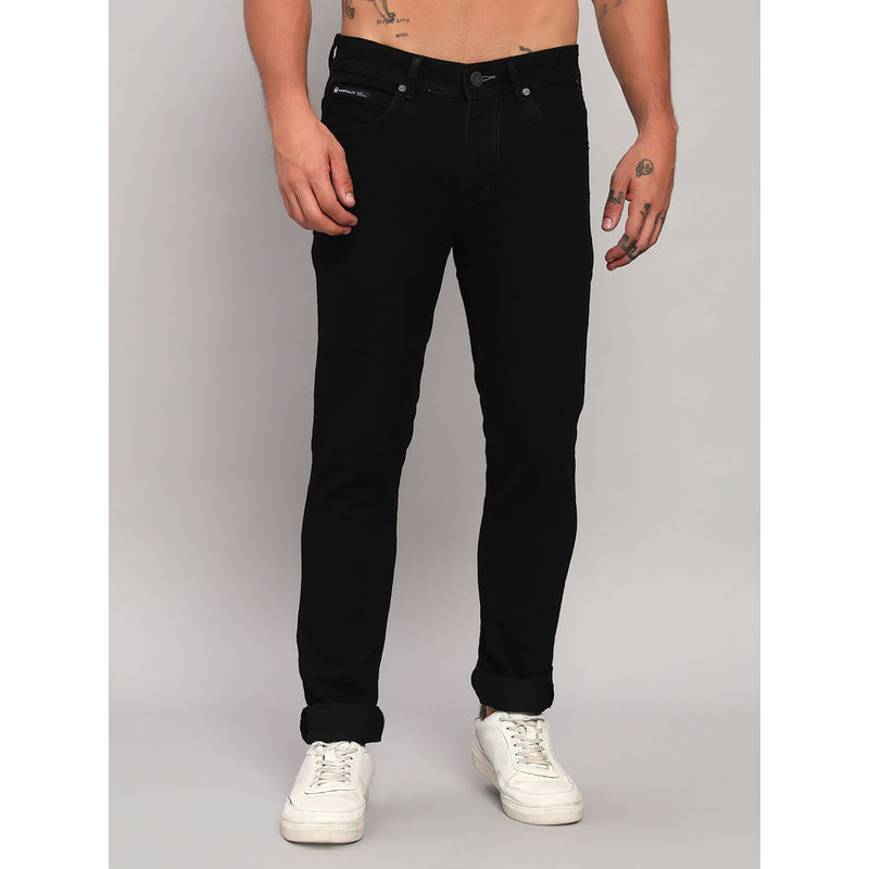 Cantabil Men Solid Black Flat Front Mid Rise Full Length Narrow Fit Casual Jeans (32)