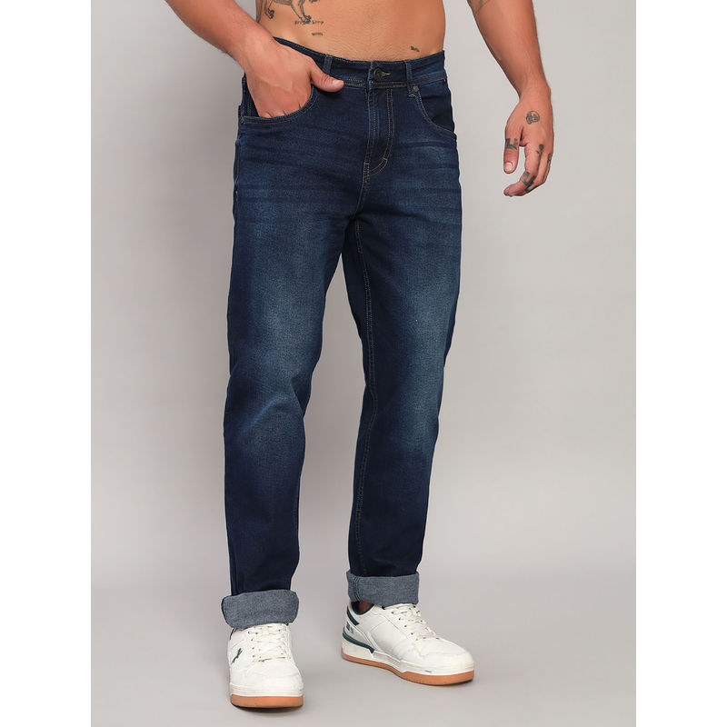 Cantabil Men Solid Blue Flat Front Mid Rise Full Length Straight Fit Casual Jeans (32)