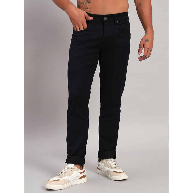 Cantabil Men Solid Black Flat Front Mid Rise Full Length Narrow Fit Casual Jeans (30)