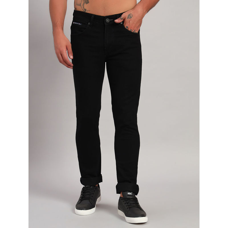 Cantabil Men Solid Black Flat Front Mid Rise Full Length Narrow Fit Casual Jeans (32)