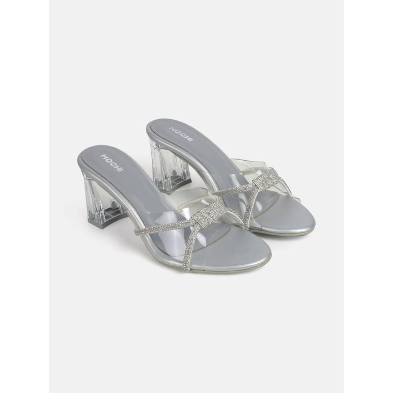 Mochi Silver Synthetic Party Sandals Heels (EURO 36)