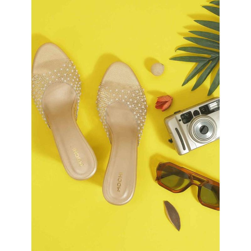 Mochi Gold Synthetic Party Sandals Heels (EURO 41)