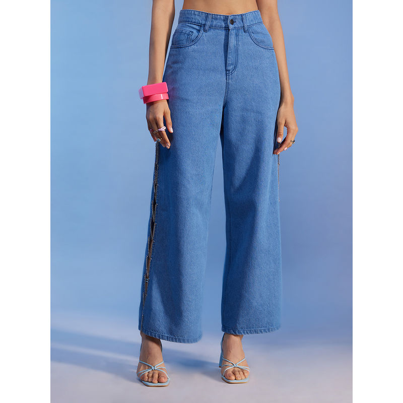 MIXT by Nykaa Fashion Blue Wide Leg Chain and Slit Pattern Denim Jeans (26)