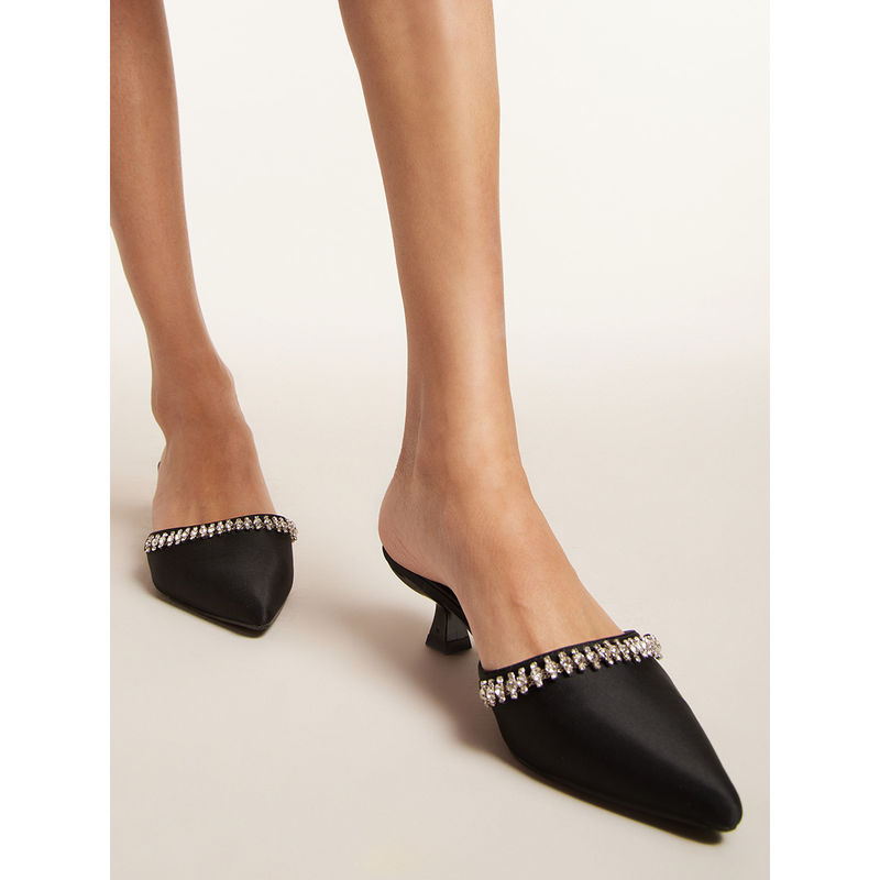 RSVP by Nykaa Fashion Black Pointed Toe Embellished Mule Heels (EURO 36)