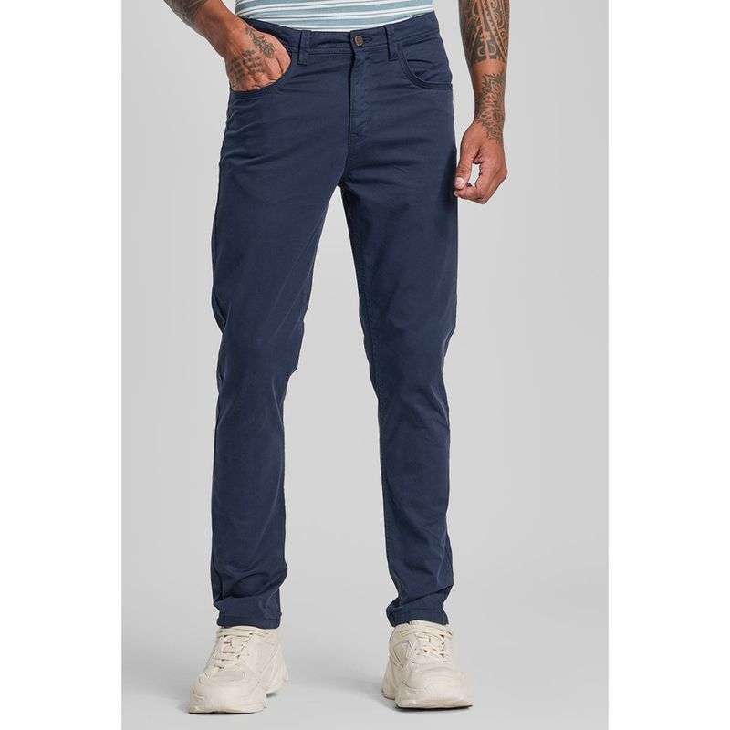 Snitch Navy Blue Solid Slim Fit Chinos (36)