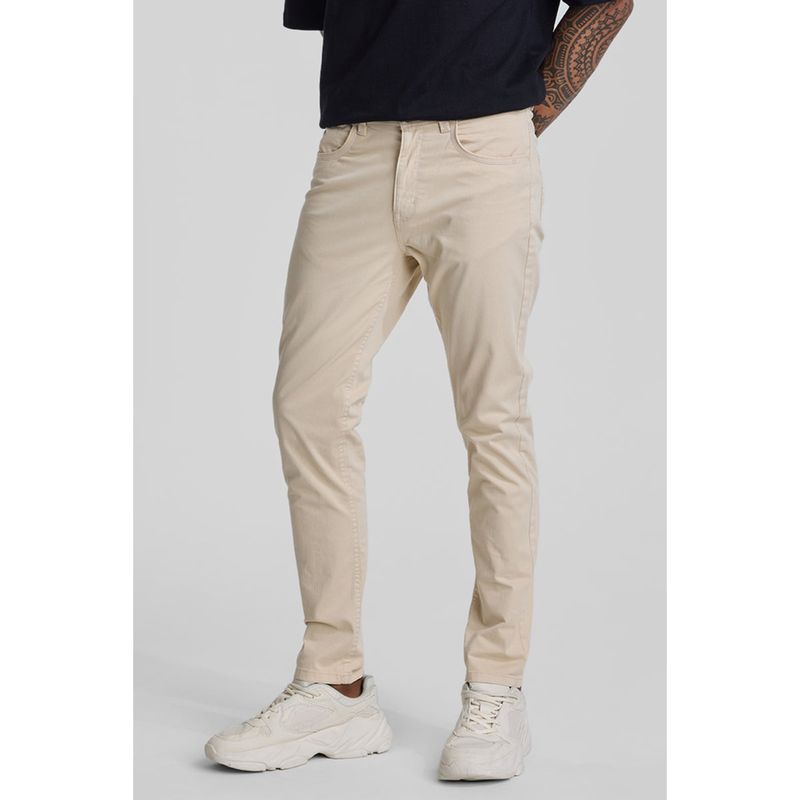Snitch Cream Solid Slim Fit Chinos (36)