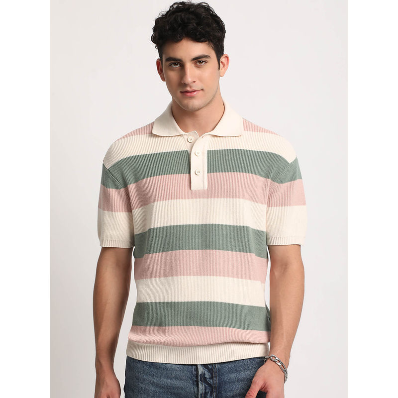 THE BEAR HOUSE Men Multi Striped Regular Fit Polo T-Shirt (L)