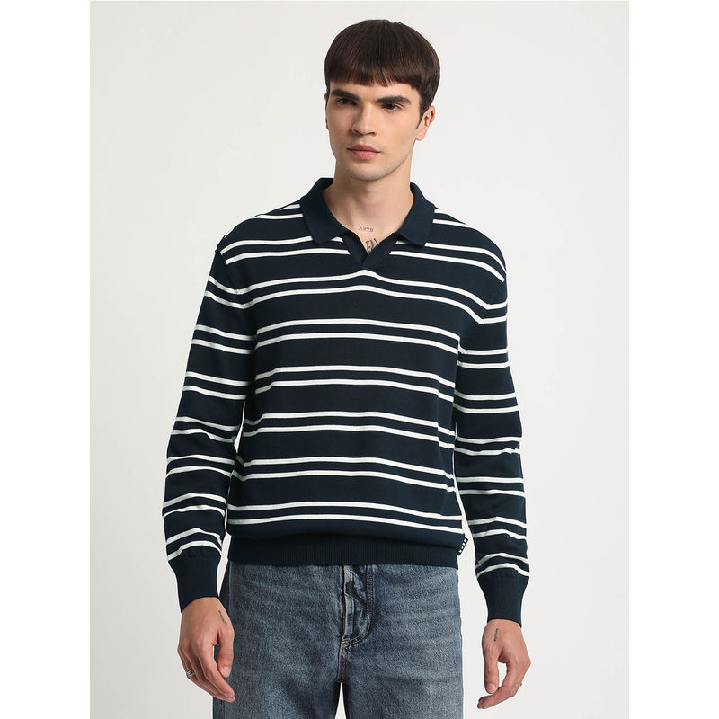 THE BEAR HOUSE Men Blue Striped Regular Fit Cotton Polo T-shirt (2XL)