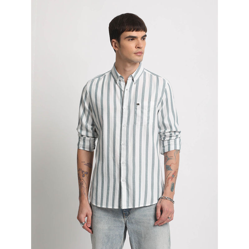 THE BEAR HOUSE Men White Striped Slim Fit Cotton Casual Shirt (M)