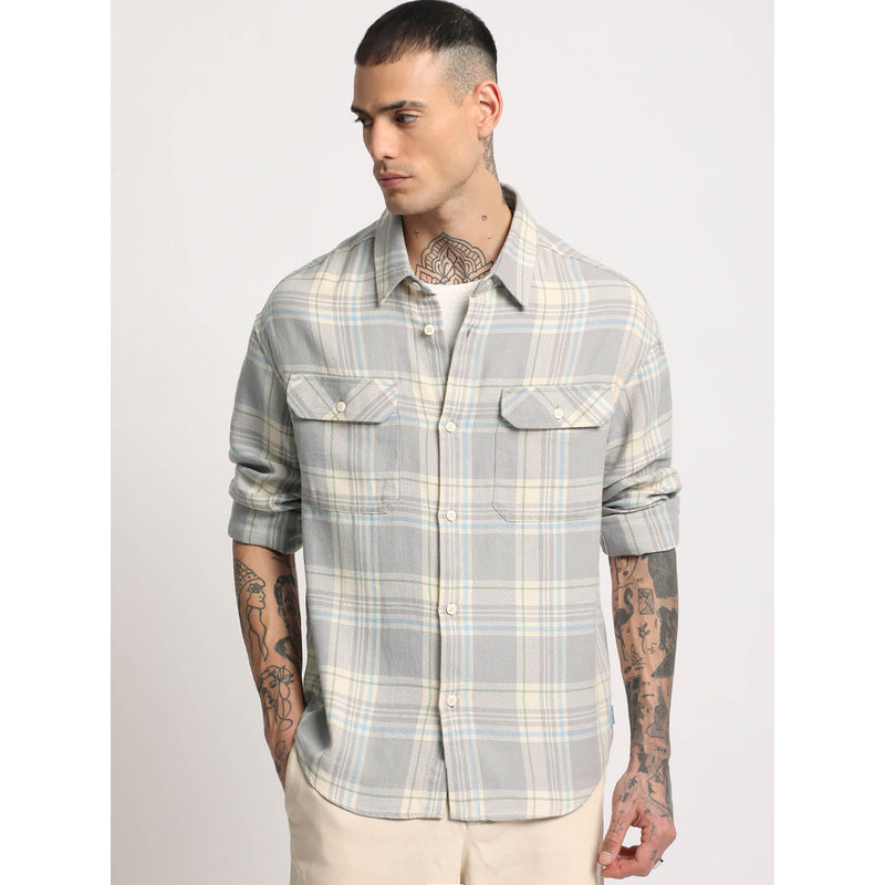 THE BEAR HOUSE Men Grey Checked Oversized Cotton Casual Shirt (M)