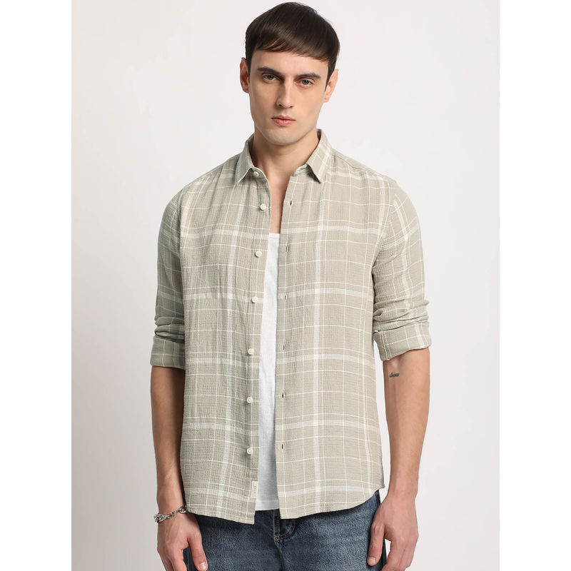 THE BEAR HOUSE Men Grey Checked Slim Fit Cotton Casual Shirt (L)