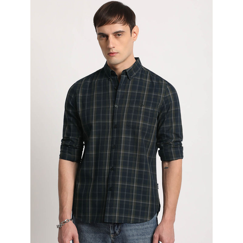 THE BEAR HOUSE Men Blue Checked Slim Fit Cotton Casual Shirt (M)