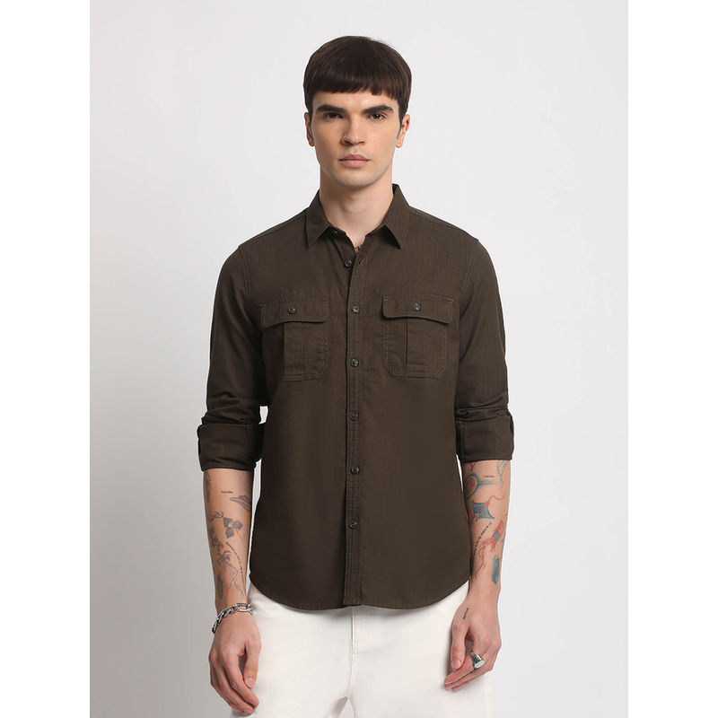 THE BEAR HOUSE Men Olive Solid Slim Fit Cotton Casual Shirt (XL)
