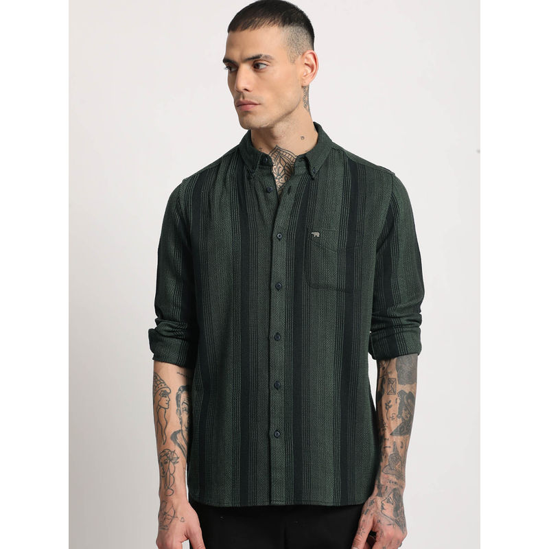 THE BEAR HOUSE Men Green Striped Slim Fit Cotton Casual Shirt (M)
