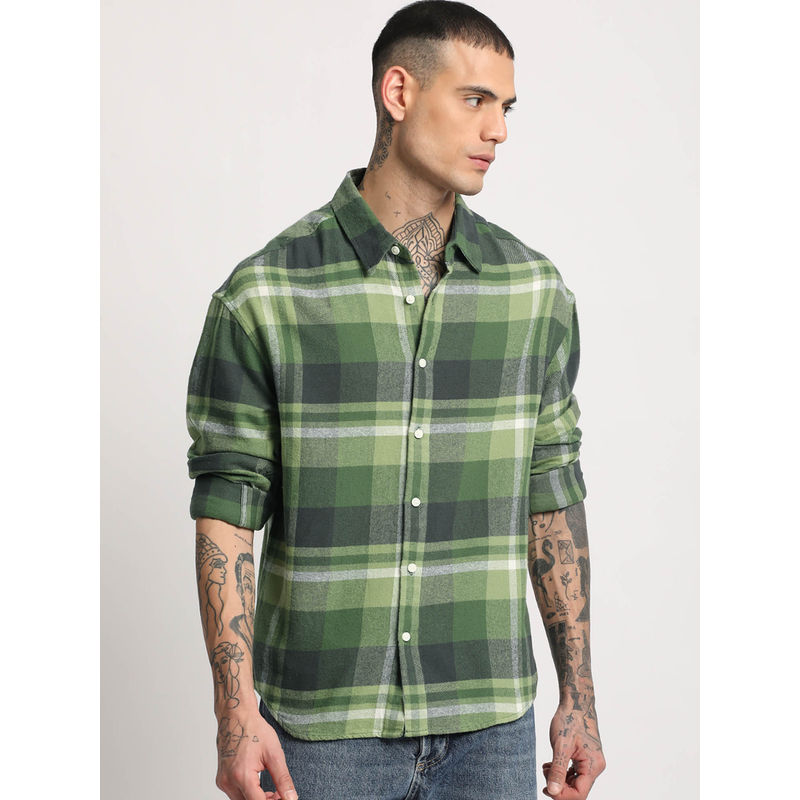 THE BEAR HOUSE Men Green Checked Oversized Cotton Casual Shirt (L)