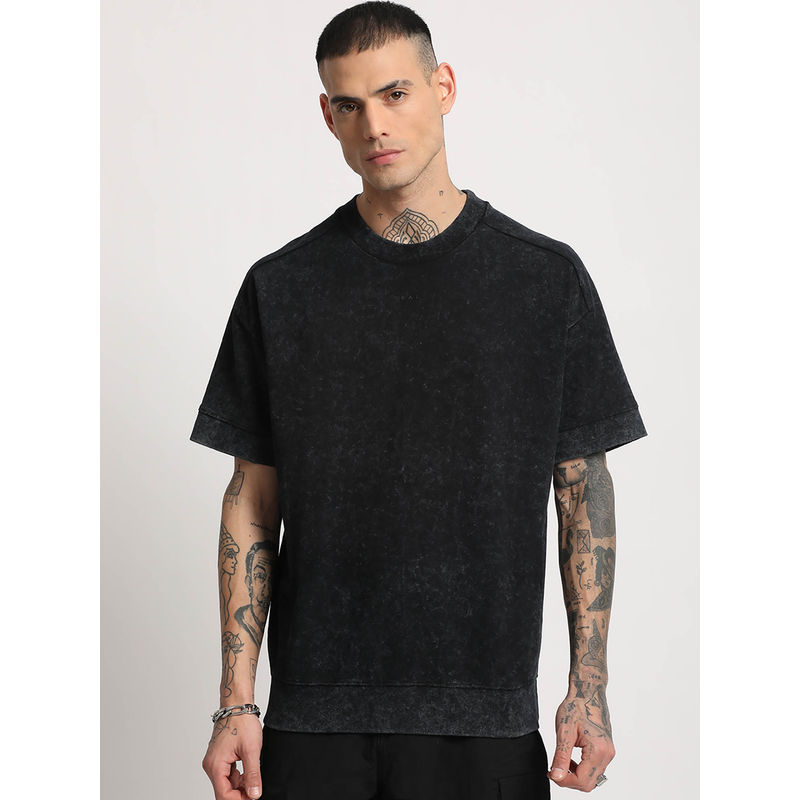 THE BEAR HOUSE Men Black Self Design Oversized Round neck T-shirt (2XL)