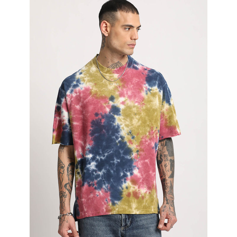 THE BEAR HOUSE Men Multi Tie and Dye Oversized Fit Round Neck T-shirt (2XL)
