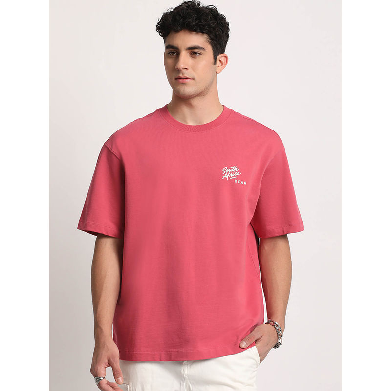 THE BEAR HOUSE Men Pink Printed Oversized Fit Round Neck T-shirt (XL)