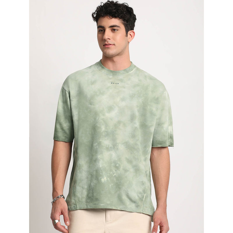 THE BEAR HOUSE Men Green Tie and Dye Oversized Fit Round Neck T-shirt (L)
