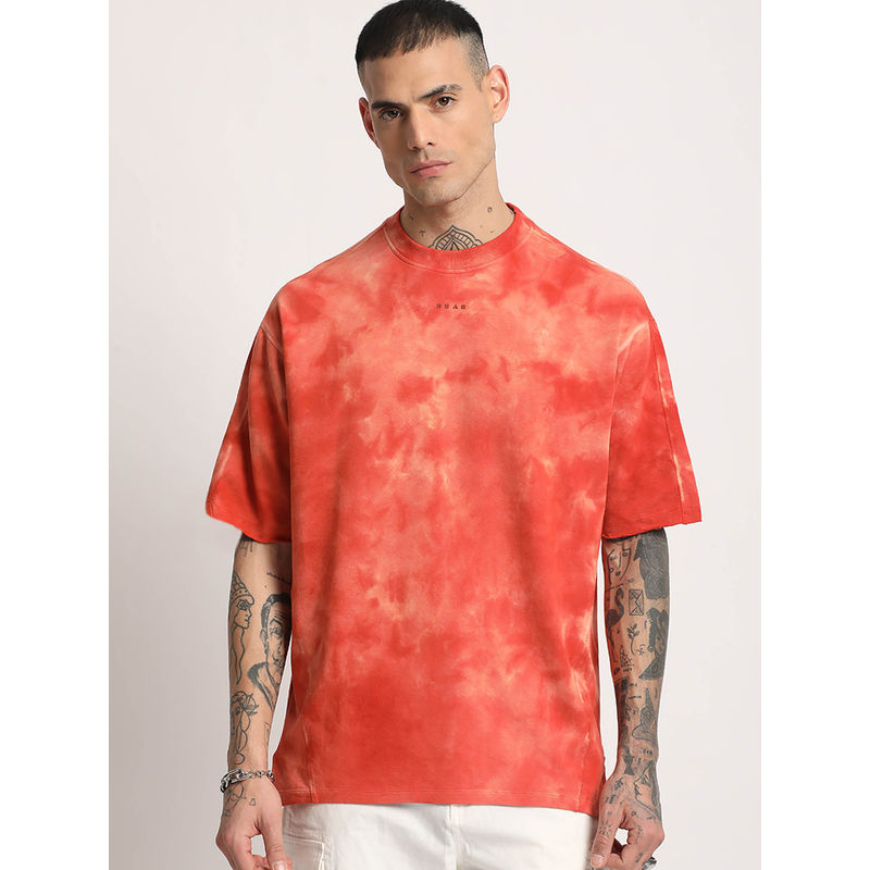 THE BEAR HOUSE Men Orange Tie and Dye Oversized Fit Round Neck T-shirt (M)