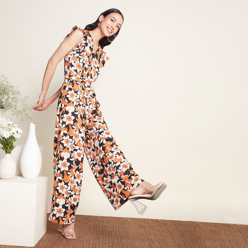 Twenty Dresses by Nykaa Fashion Work Black And Rust Floral V Neck Wide Leg Jumpsuit (Set of 2) (XL)