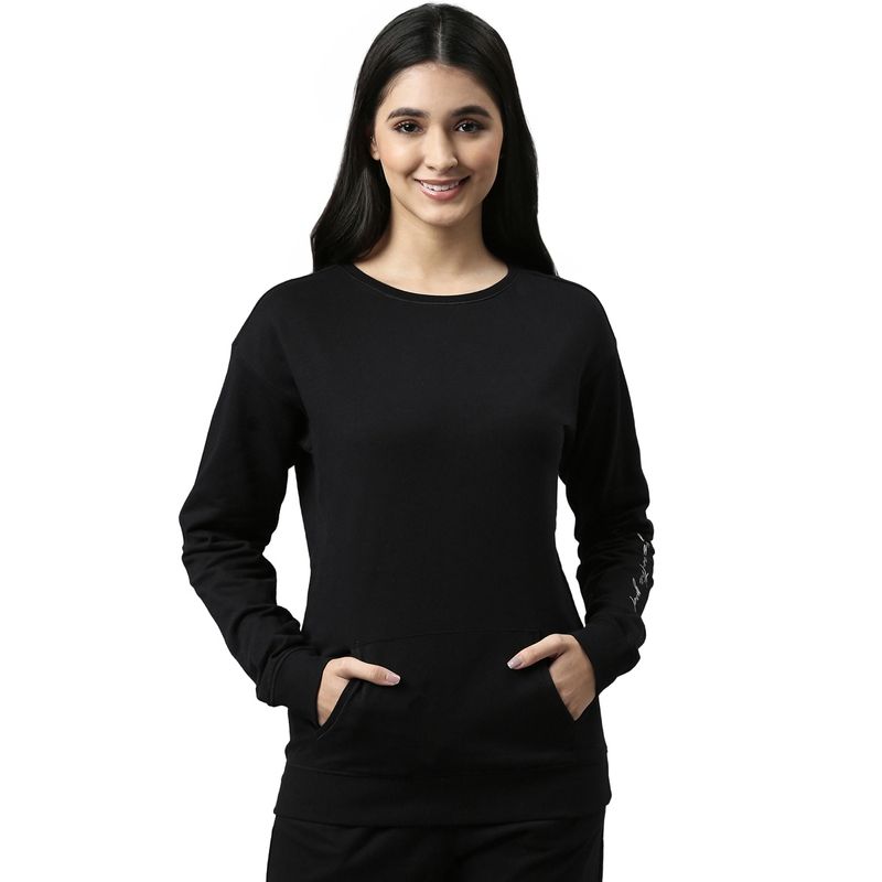 Enamor Womens Essentials E901-Relaxed Fit Full Sleeve Round Neck Cotton Sweatshirt-Jet Black (L)