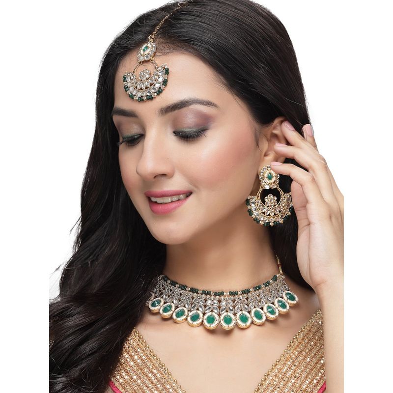 Shostopper By Sukkhi Kundan & Green Faux Beads Jewelry Set - Necklace, Earrings & Maangtikka - View #11