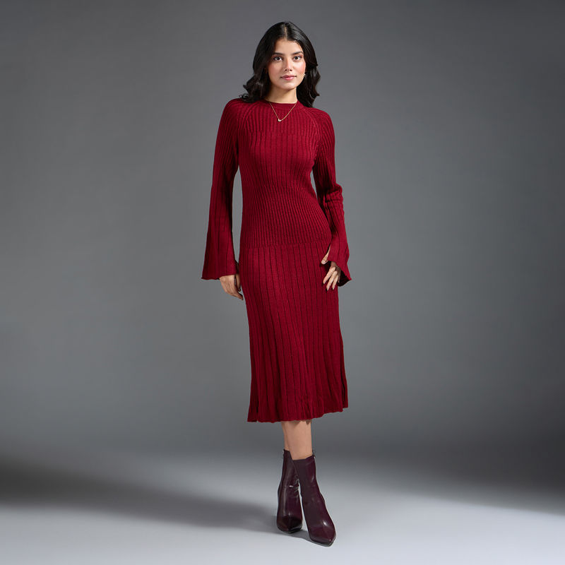 Twenty Dresses by Nykaa Fashion Maroon Textured Fit and Flare Midi Sweater Dress (S)