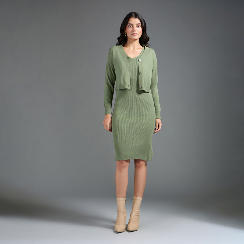 Twenty Dresses by Nykaa Fashion Olive Green V Neck Fitted Sweater Dress With Crop Cardigan Set (L) (Set of 2)