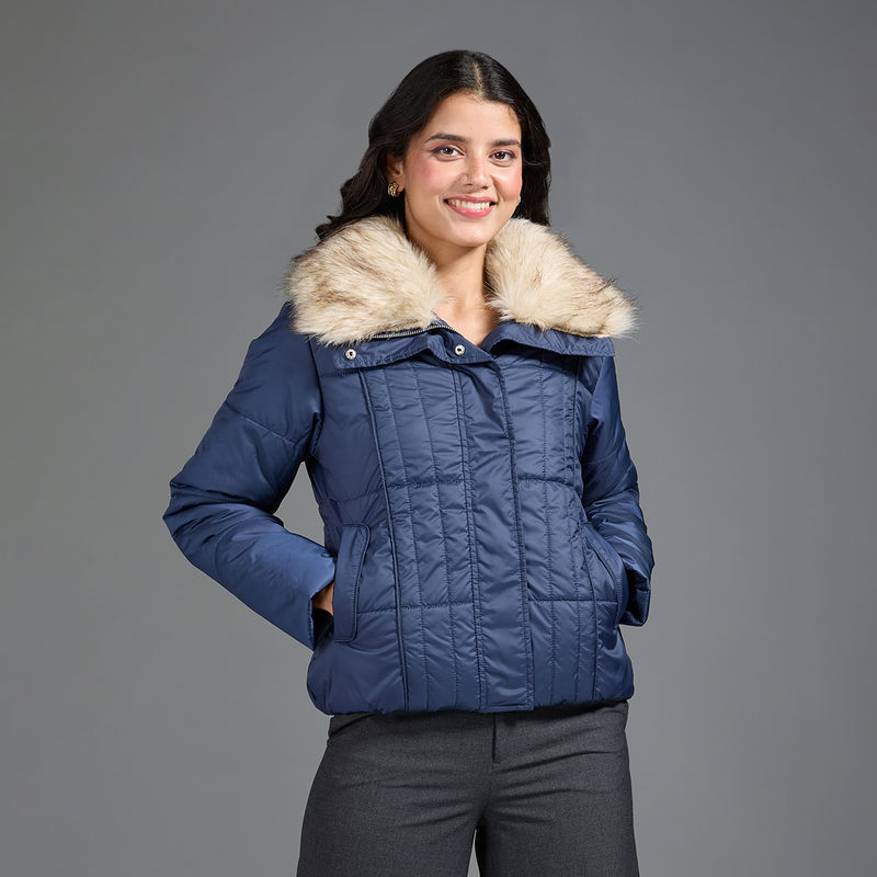 Twenty Dresses by Nykaa Fashion Blue Solid Fur Collar Quilted Puffer Jacket (S)
