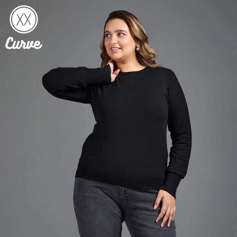 Twenty Dresses by Nykaa Fashion Curve Black Solid Buttoned Cuffs Sweater Top (2XL)