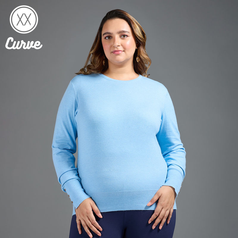 Twenty Dresses by Nykaa Fashion Curve Sky Blue Solid Buttoned Cuffs Sweater Top (2XL)