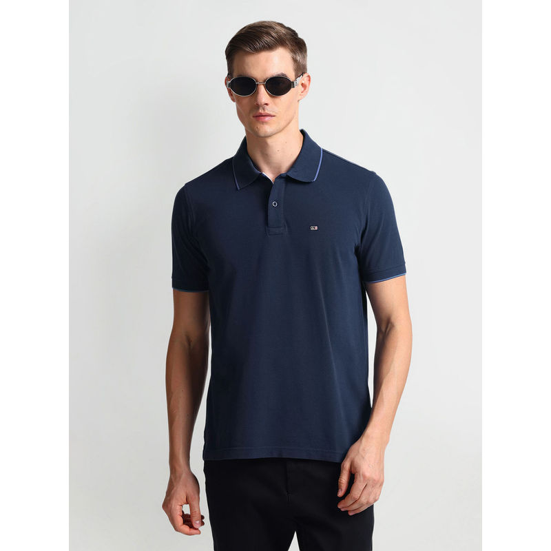 Arrow Sports Blue Solid Tipped Collar Pure Cotton Polo T-Shirt (L)