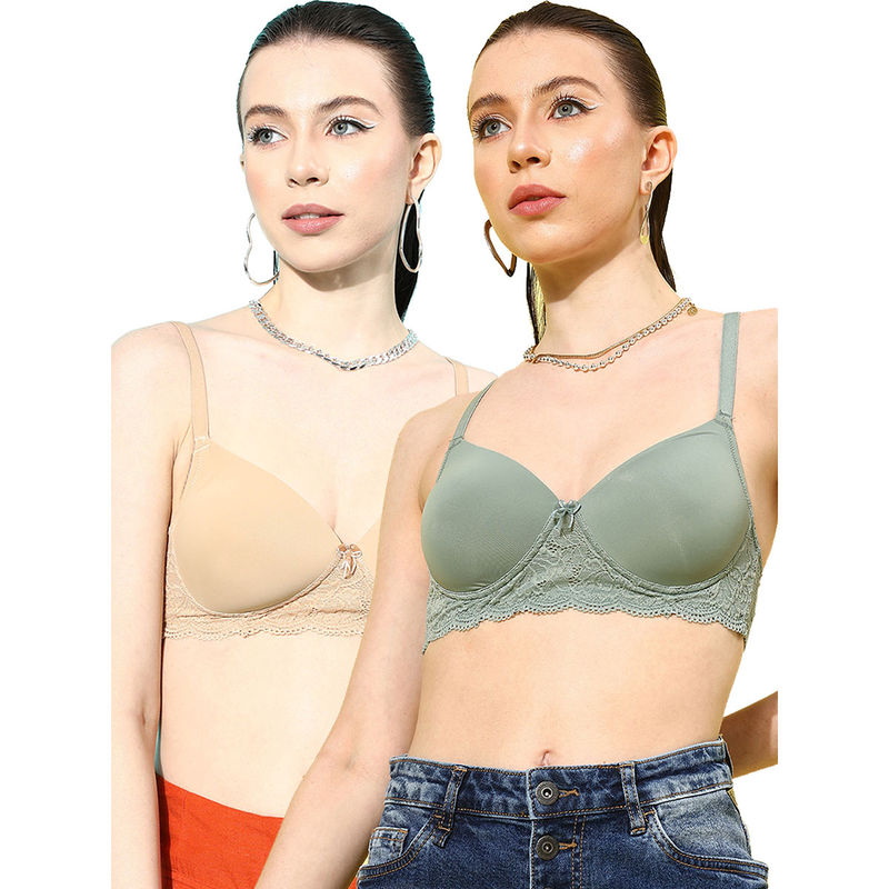 Leading Lady Women Full Coverage Lightly Padded Non Wired T-Shirt Bra Multi-Color (Pack of 2) (32B)