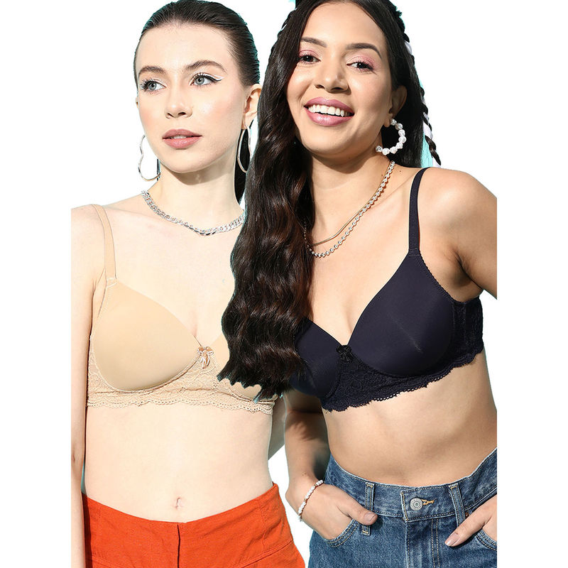 Leading Lady Women Full Coverage Lightly Padded Non Wired T-Shirt Bra Multi-Color (Pack of 2) (32B)