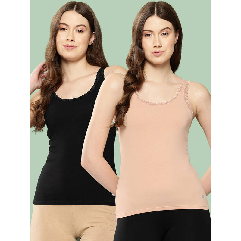 Leading Lady Solid Cotton U Neck Camisoles For Womens Multi-Color (Pack of 2) (L)