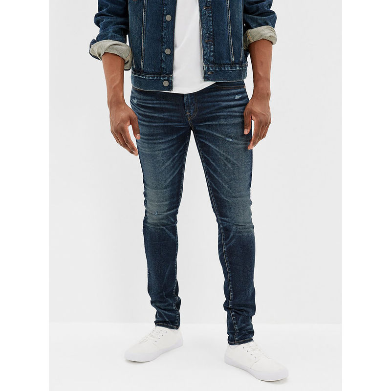 American Eagle Men Navy Blue Air Flex 360 Distressed Skinny Fit Jeans (30)