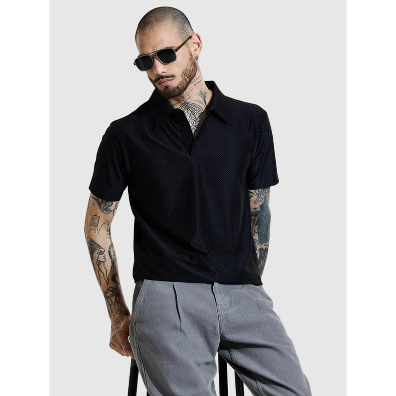Snitch Black Textured Polo Slim Fit T-Shirt (XS)